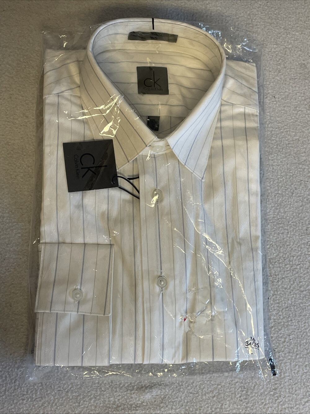 NWT Calvin Klein Mens Dress Shirt 16 34/35 White Striped Long Sleeve Button Up